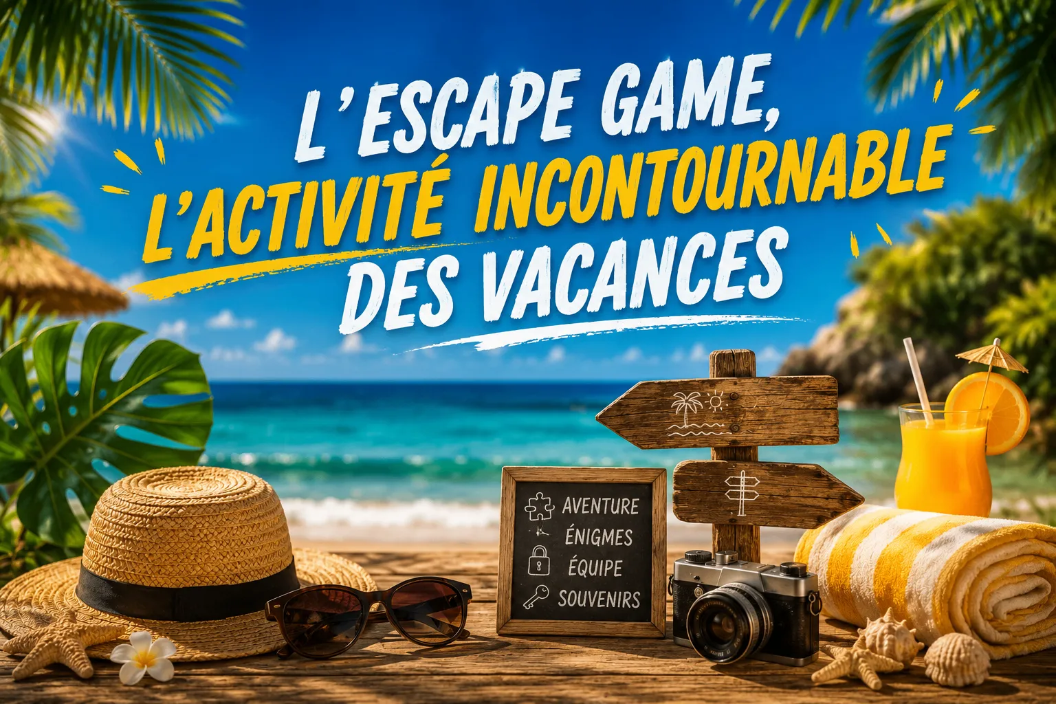 Illustration des vacances d'été mettant en avant l'escape game à Nîmes comme activité incontournable chez TimeXperience.